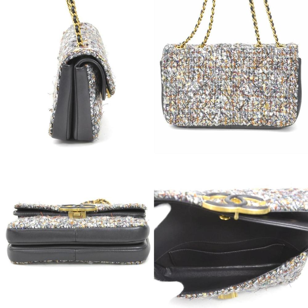 CHANEL Shoulder Bag Coco Mark Tweed/Leather Gray/Blue/Multicolor Gold Ladies - Picture 2 of 5